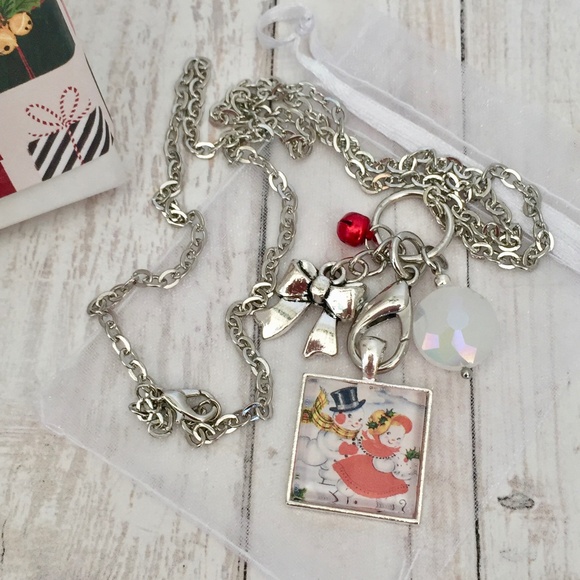 Christmas Snowman Charm Necklace with Bow, Silver Plated - Picture 1 of 2